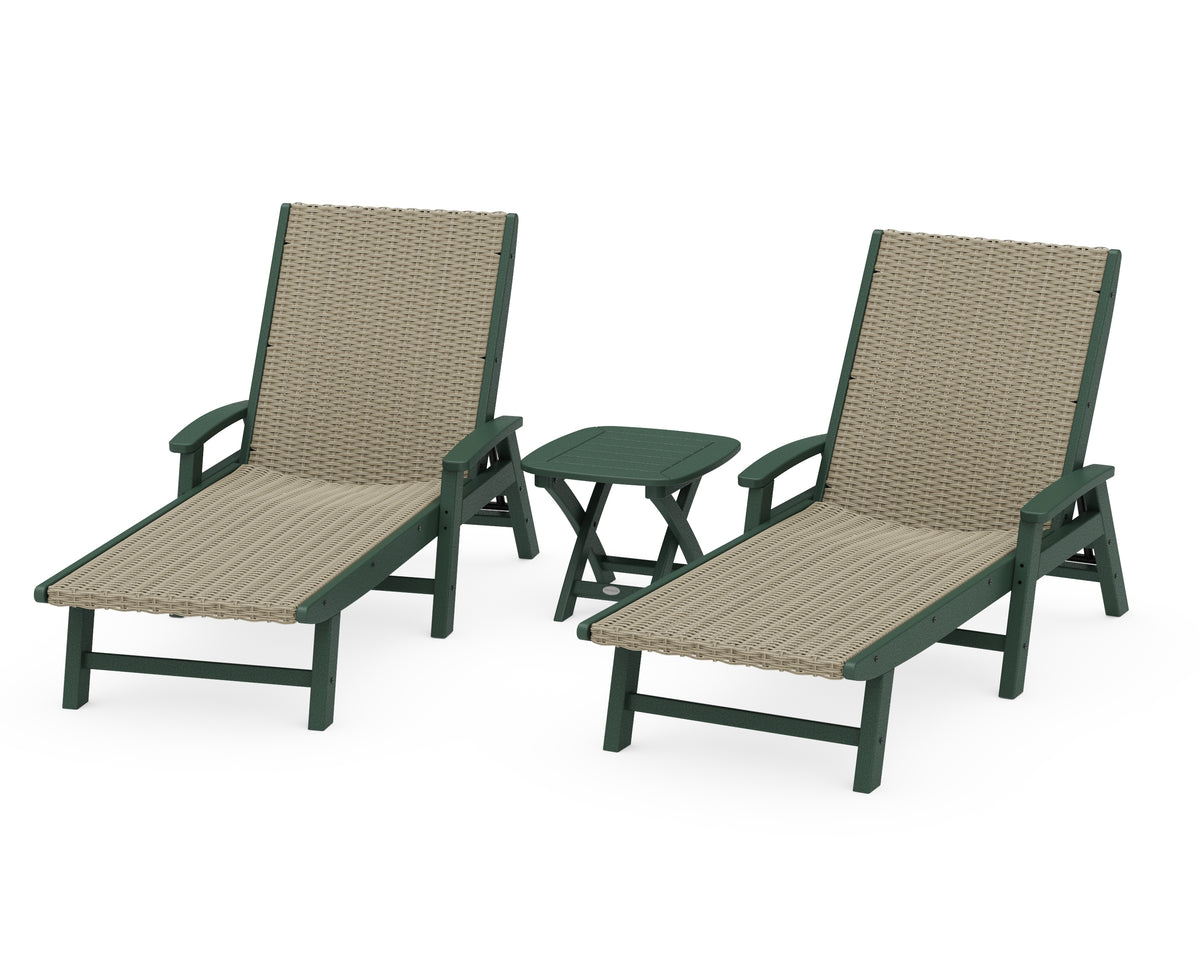 POLYWOOD 3-Piece Coastal Woven Chaise with Arms Lounge Set in Green / Dune Grass