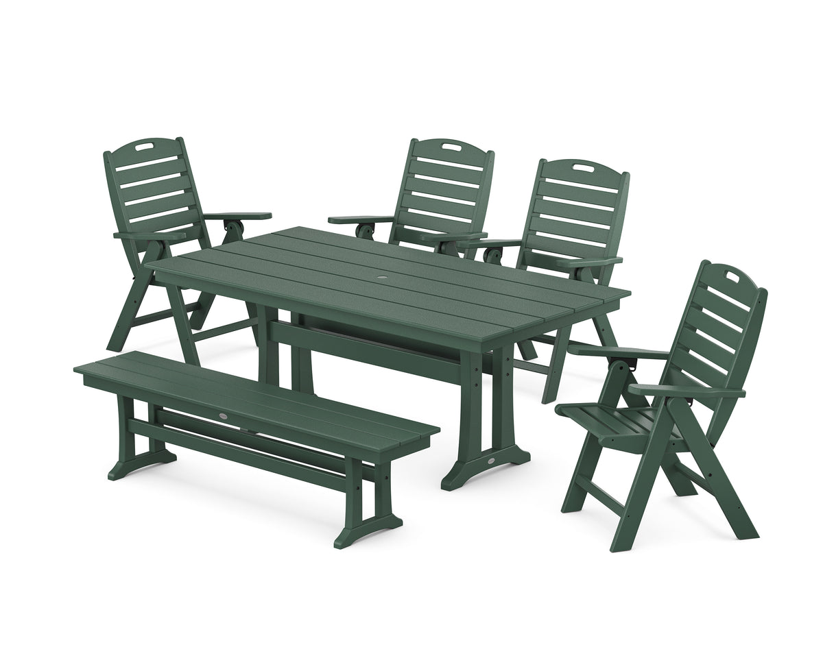 POLYWOOD Nautical Highback 6-Piece Farmhouse Dining Set with Trestle Legs and Bench in Green