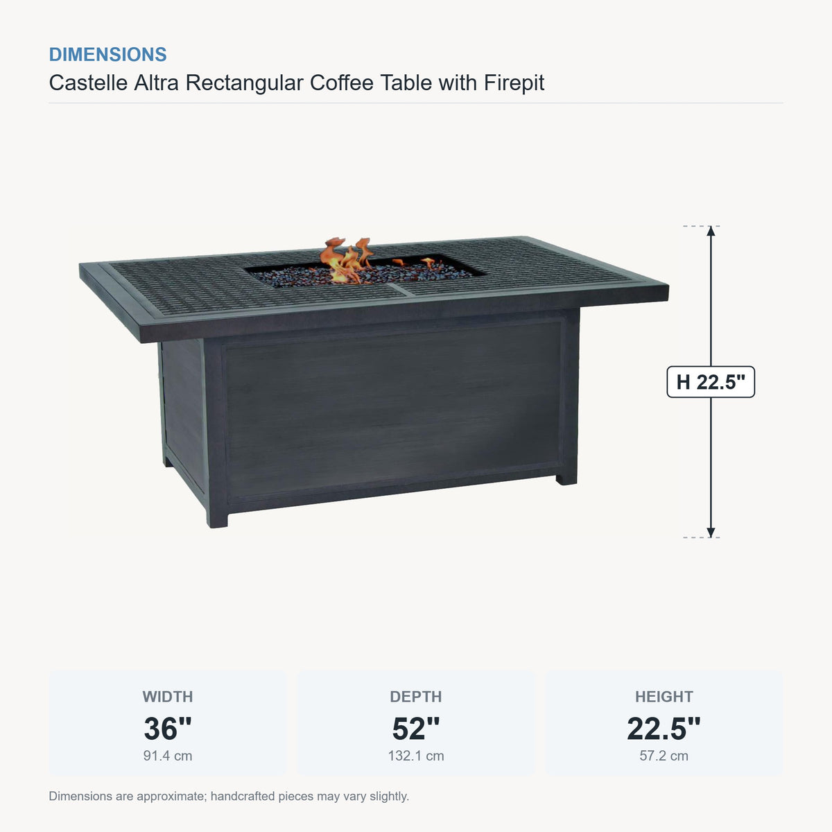 Castelle Altra Rectangular Coffee Table with Firepit dimensions
