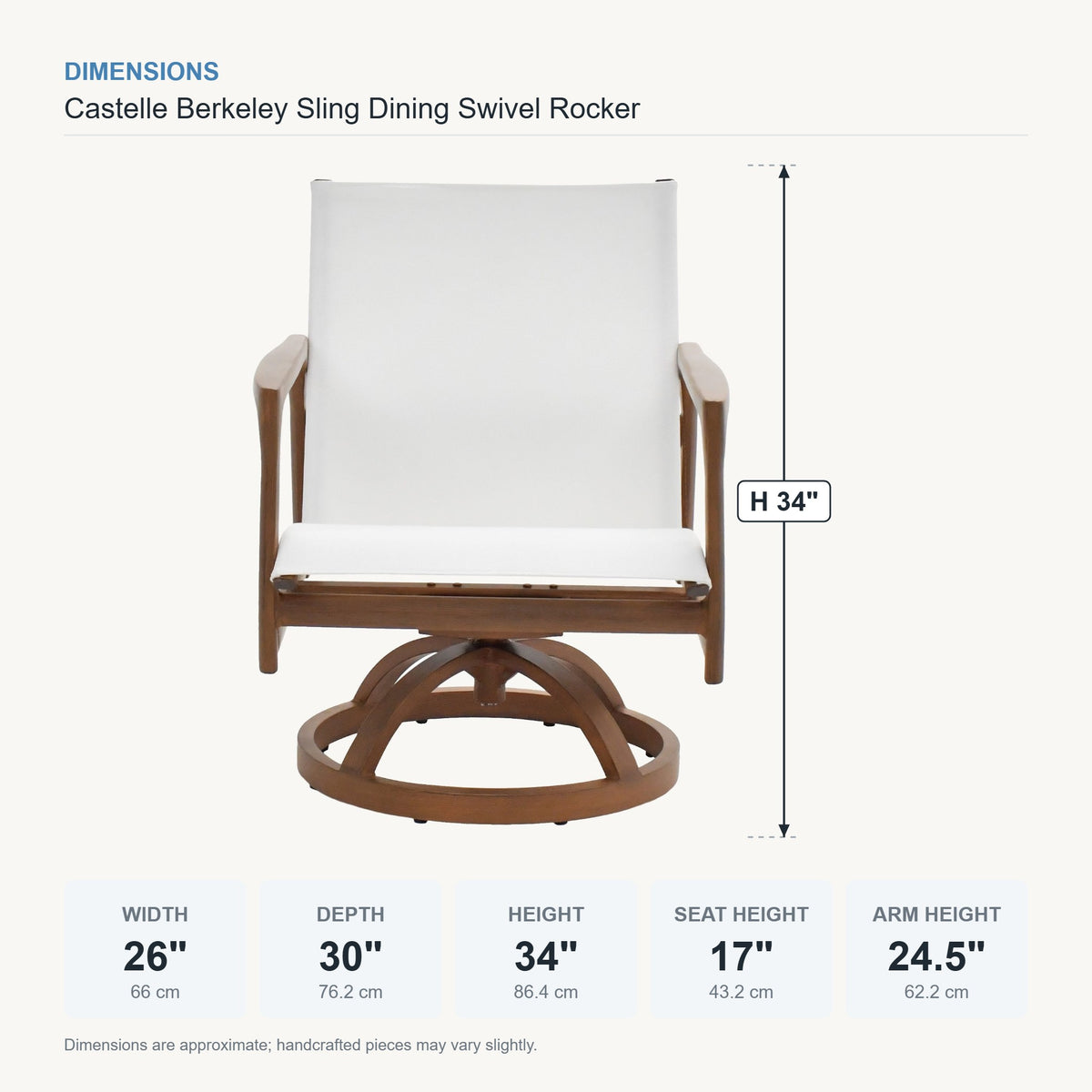 Castelle Berkeley Sling Dining Swivel Rocker dimensions