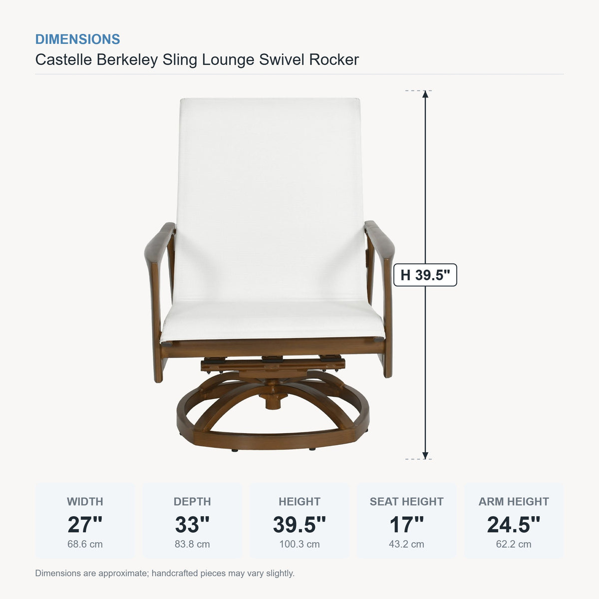 Castelle Berkeley Sling Lounge Swivel Rocker dimensions