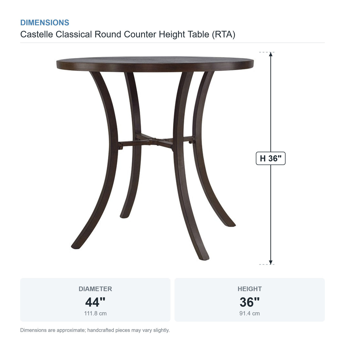 Castelle Classical Round Counter Height Table (RTA) dimensions