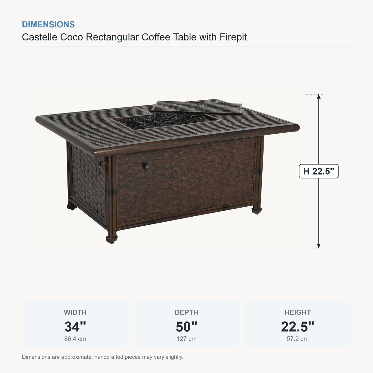 Castelle Coco Rectangular Coffee Table with Firepit dimensions