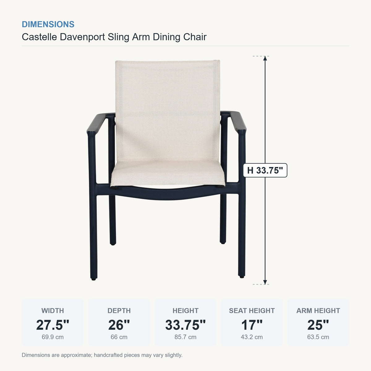 Castelle Davenport Sling Arm Dining Chair dimensions