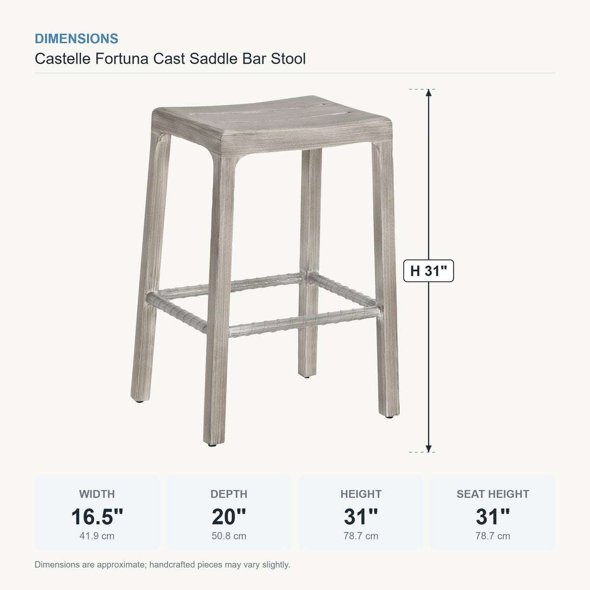 Castelle Fortuna Cast Saddle Bar Stool dimensions