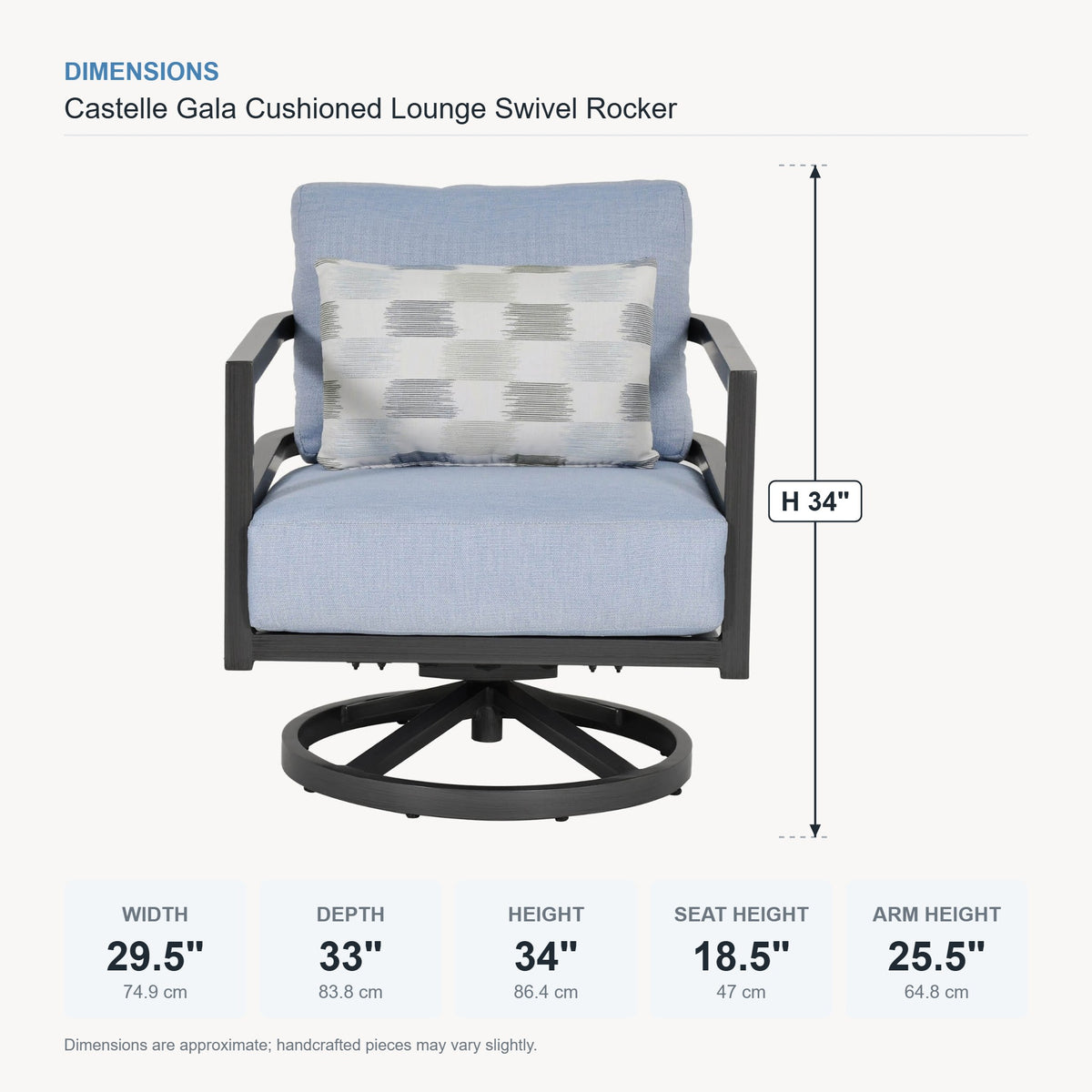 Castelle Gala Cushioned Lounge Swivel Rocker dimensions