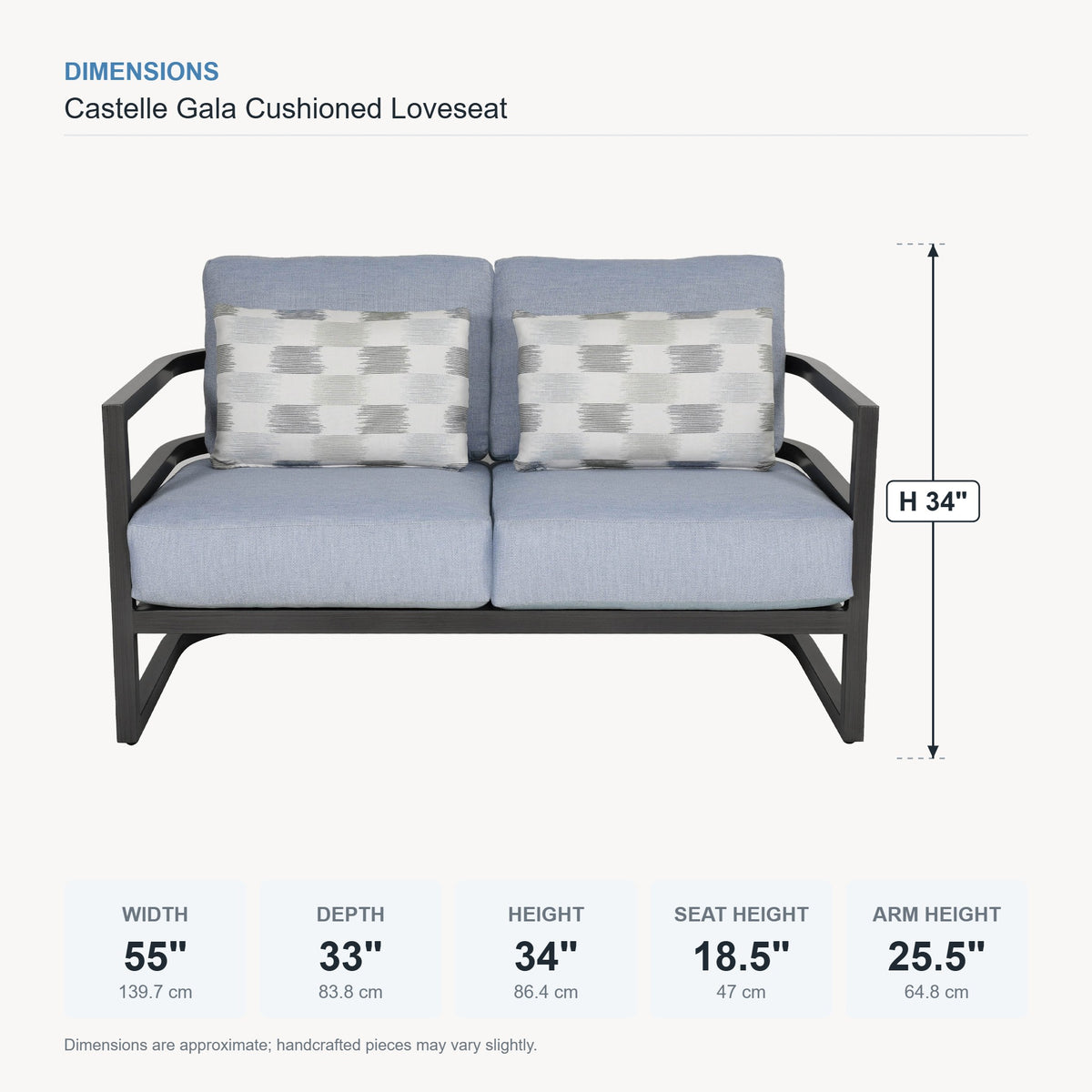 Castelle Gala Cushioned Loveseat dimensions