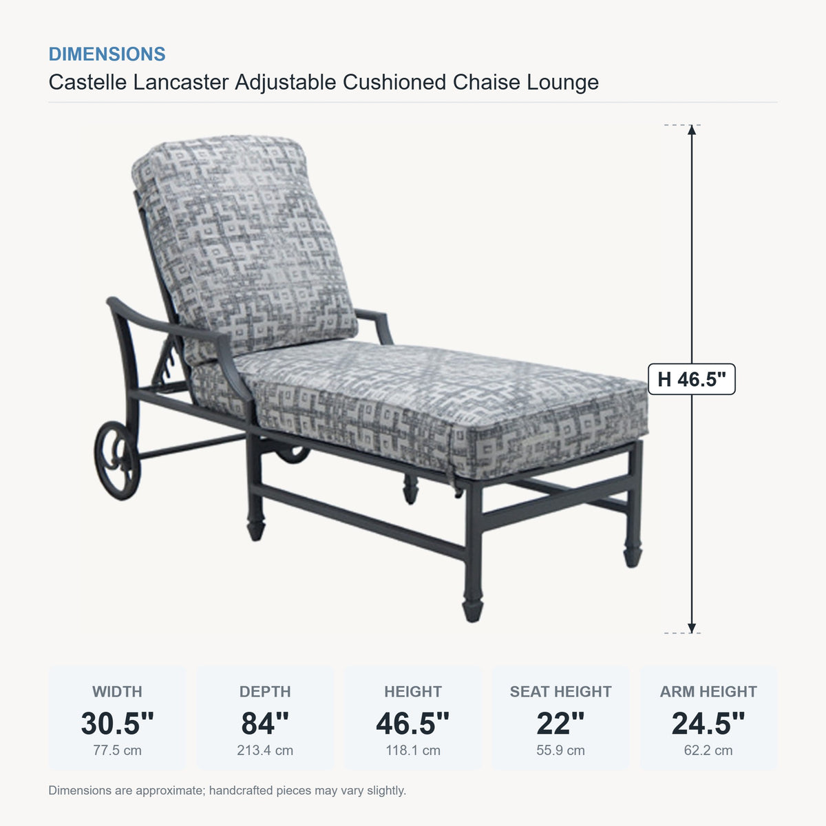 Castelle Lancaster Adjustable Cushioned Chaise Lounge dimensions