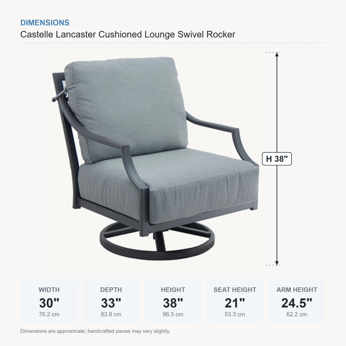 Castelle Lancaster Cushioned Lounge Swivel Rocker dimensions