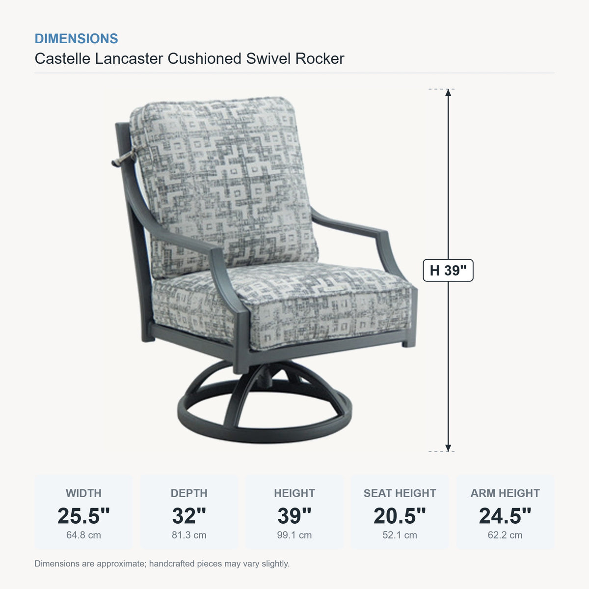 Castelle Lancaster Cushioned Swivel Rocker dimensions