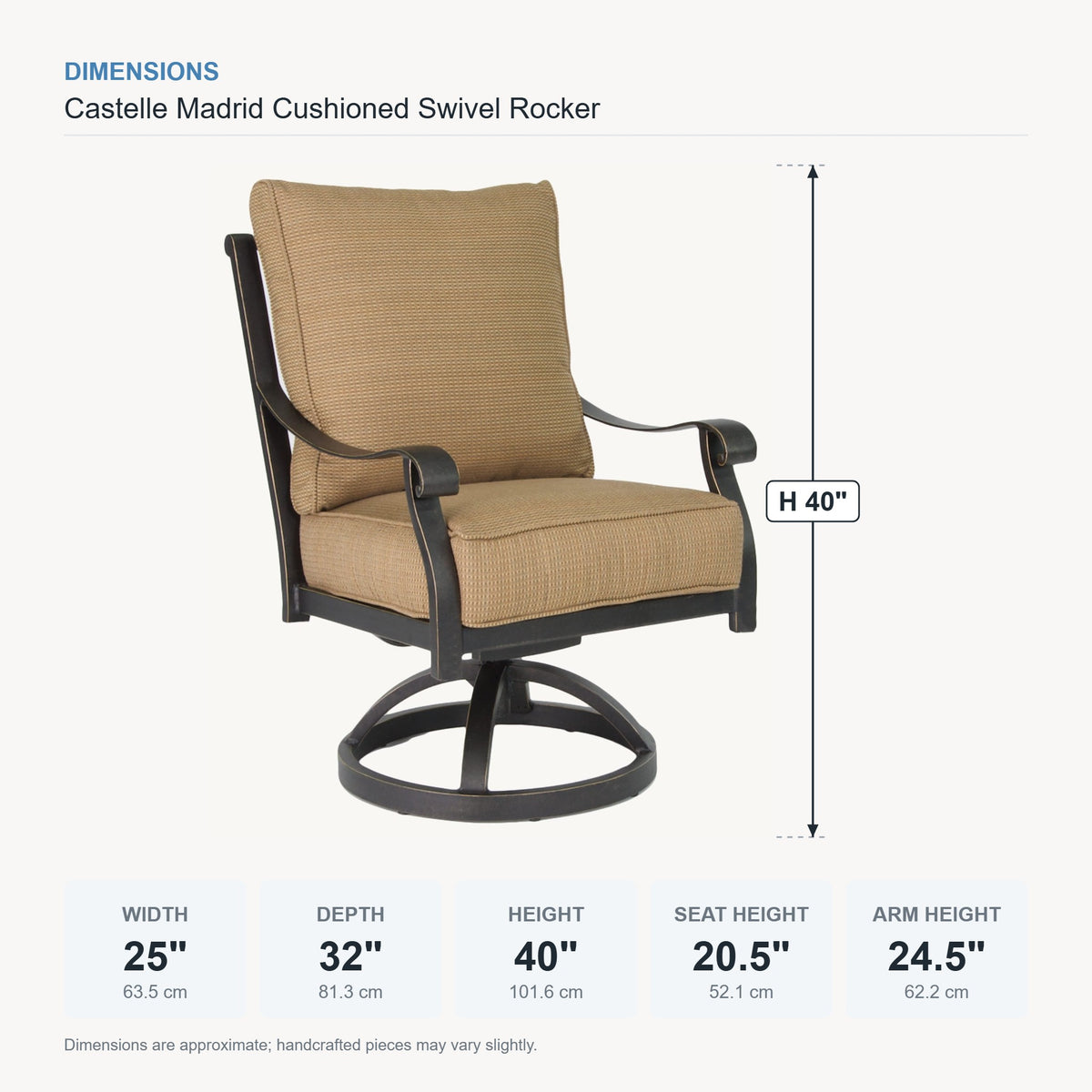 Castelle Madrid Cushioned Swivel Rocker dimensions