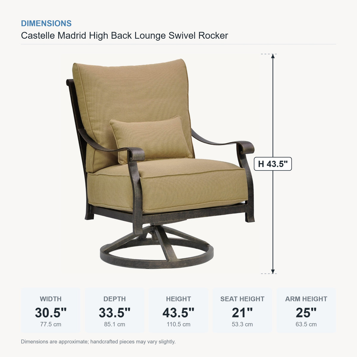 Castelle Madrid High Back Lounge Swivel Rocker dimensions