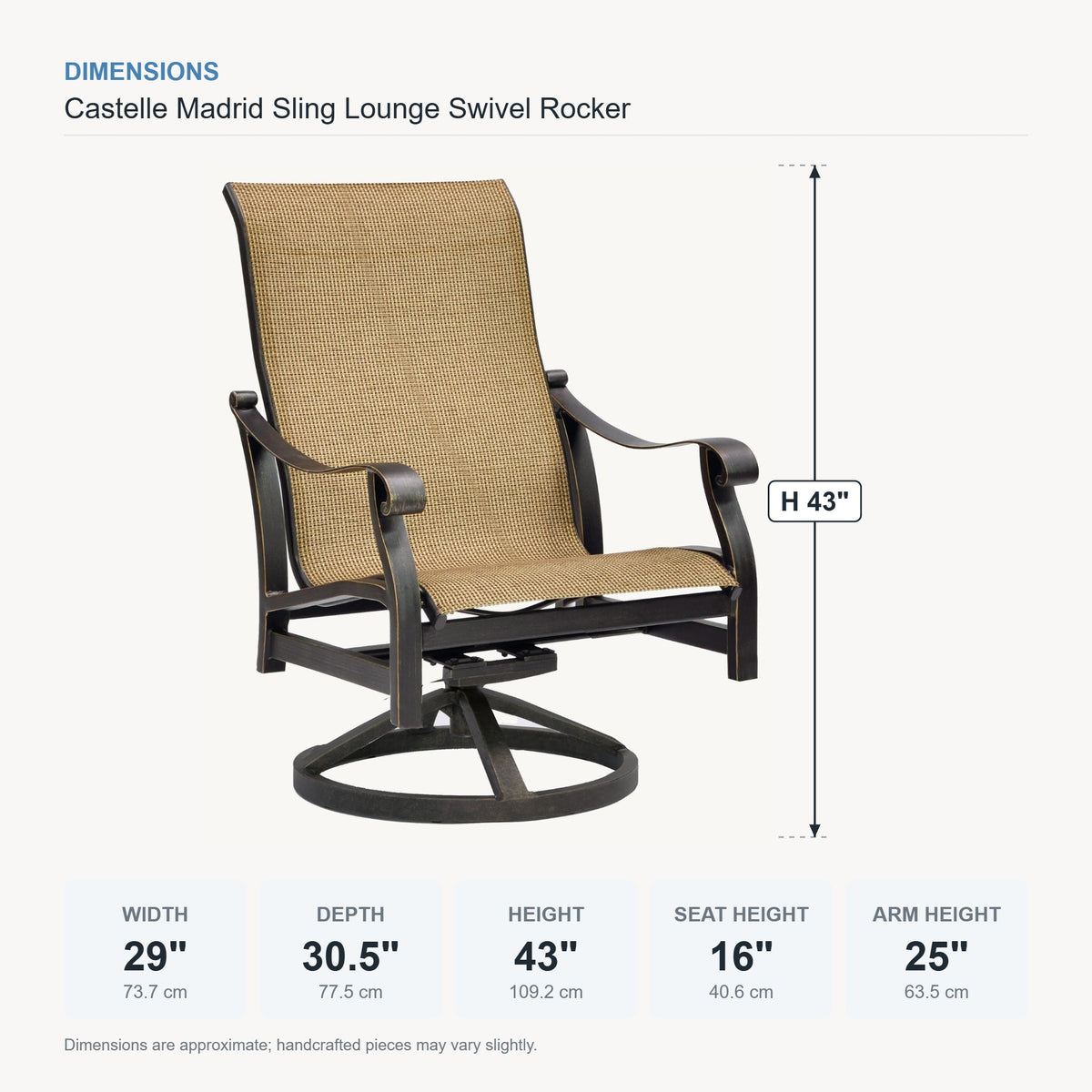 Castelle Madrid Sling Lounge Swivel Rocker dimensions