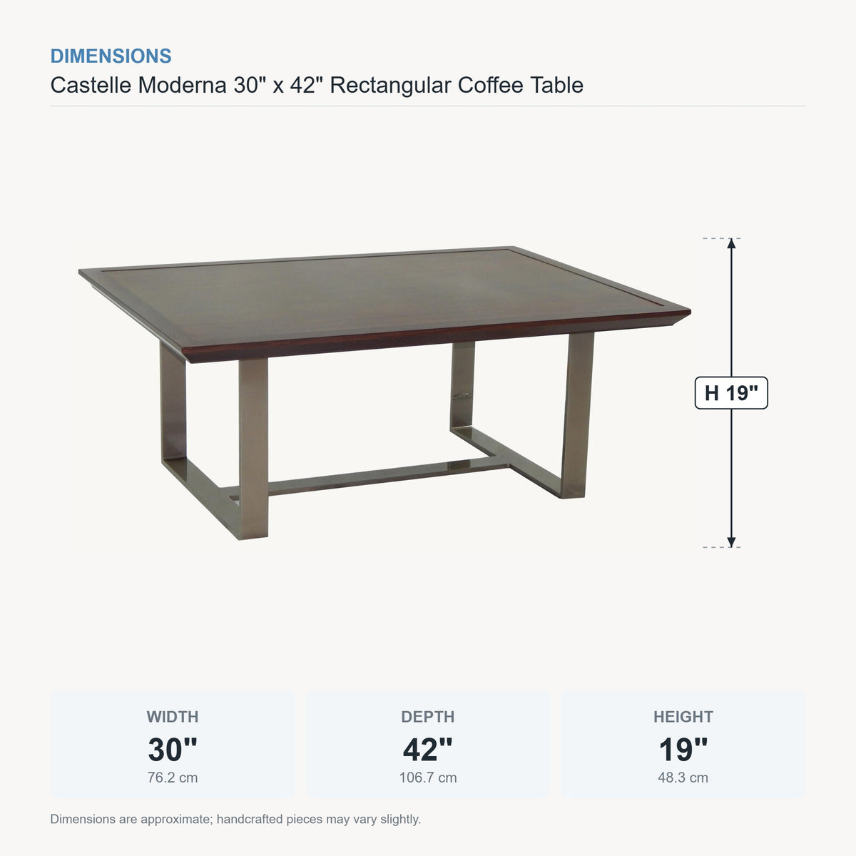 Castelle Moderna 30" x 42" Rectangular Coffee Table dimensions