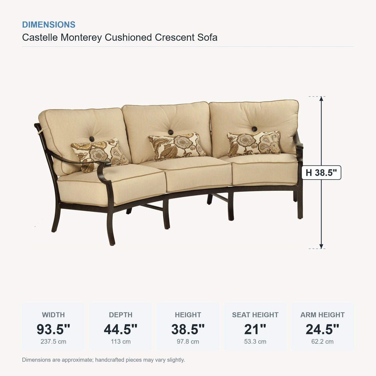 Castelle Monterey Cushioned Crescent Sofa dimensions
