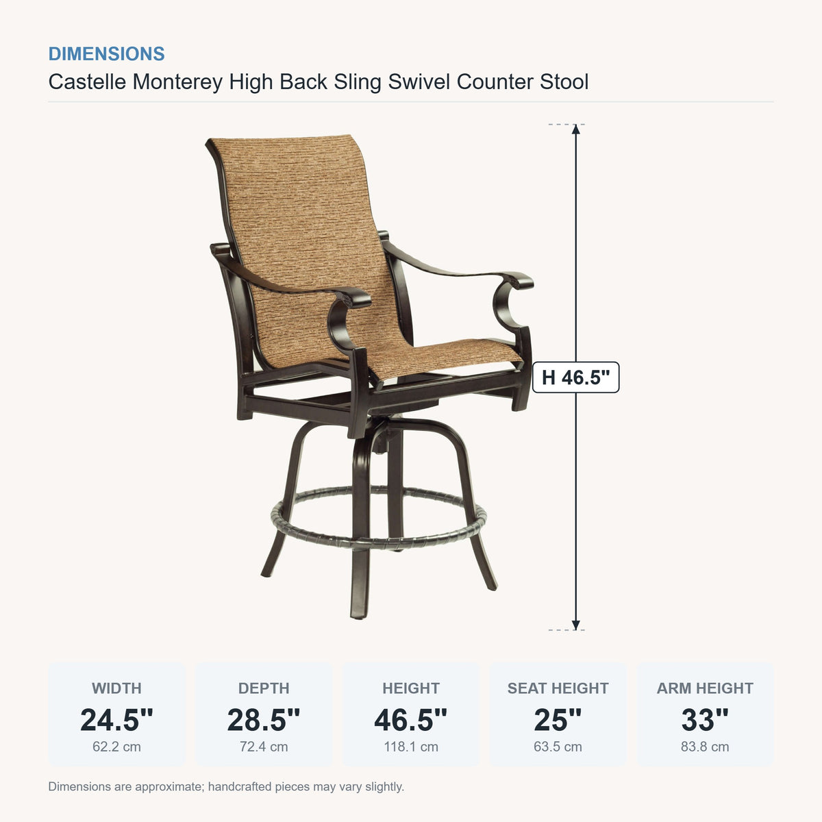 Castelle Monterey High Back Sling Swivel Counter Stool dimensions
