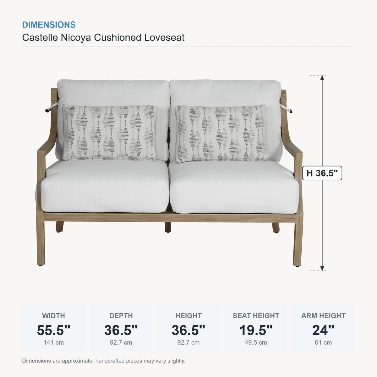 Castelle Nicoya Cushioned Loveseat dimensions