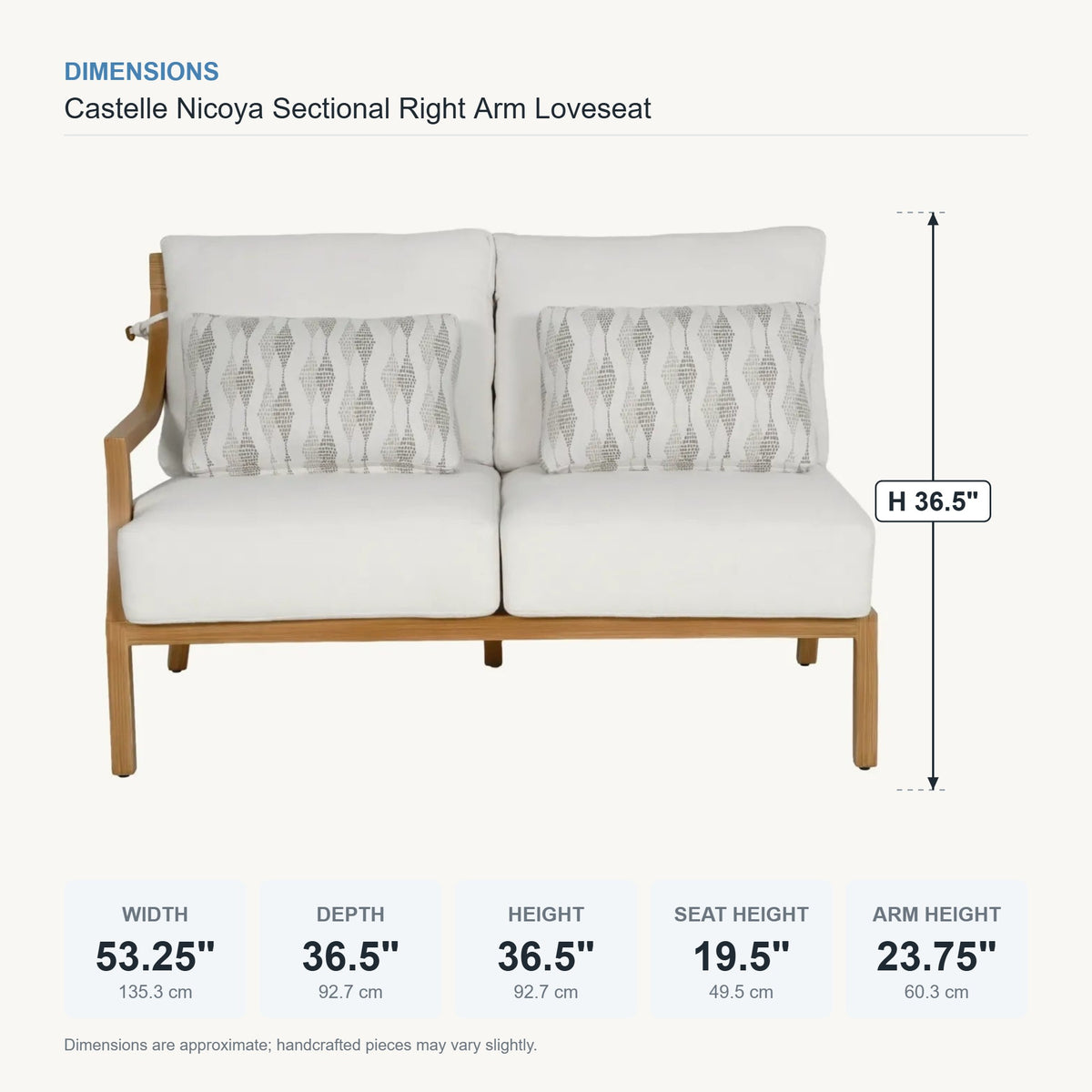 Castelle Nicoya Sectional Right Arm Loveseat dimensions
