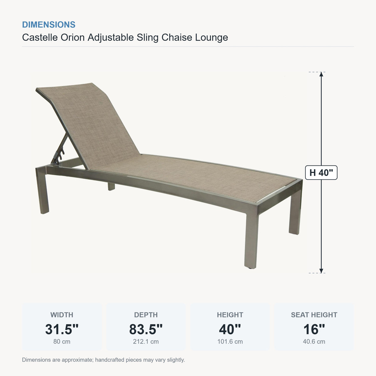 Castelle Orion Adjustable Sling Chaise Lounge dimensions