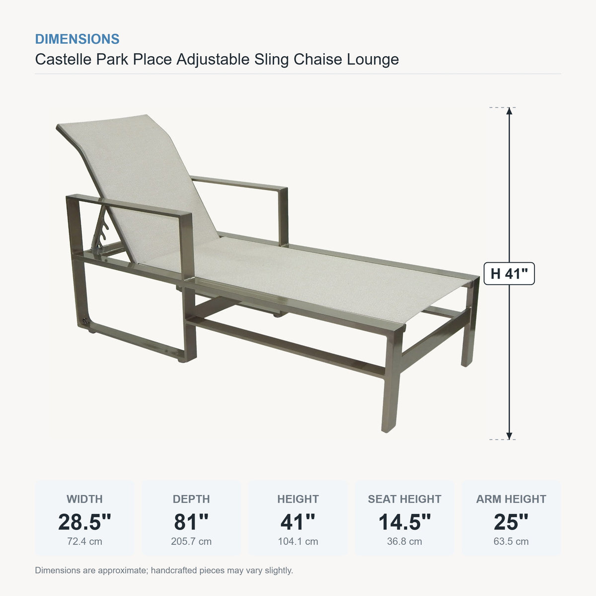 Castelle Park Place Adjustable Sling Chaise Lounge dimensions