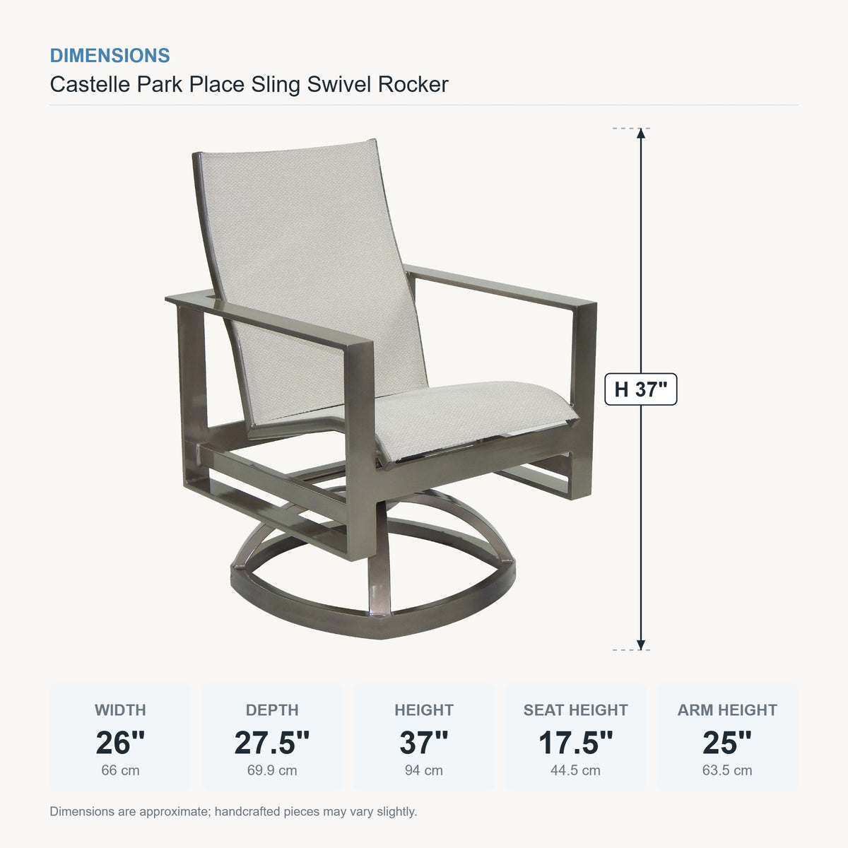 Castelle Park Place Sling Swivel Rocker dimensions