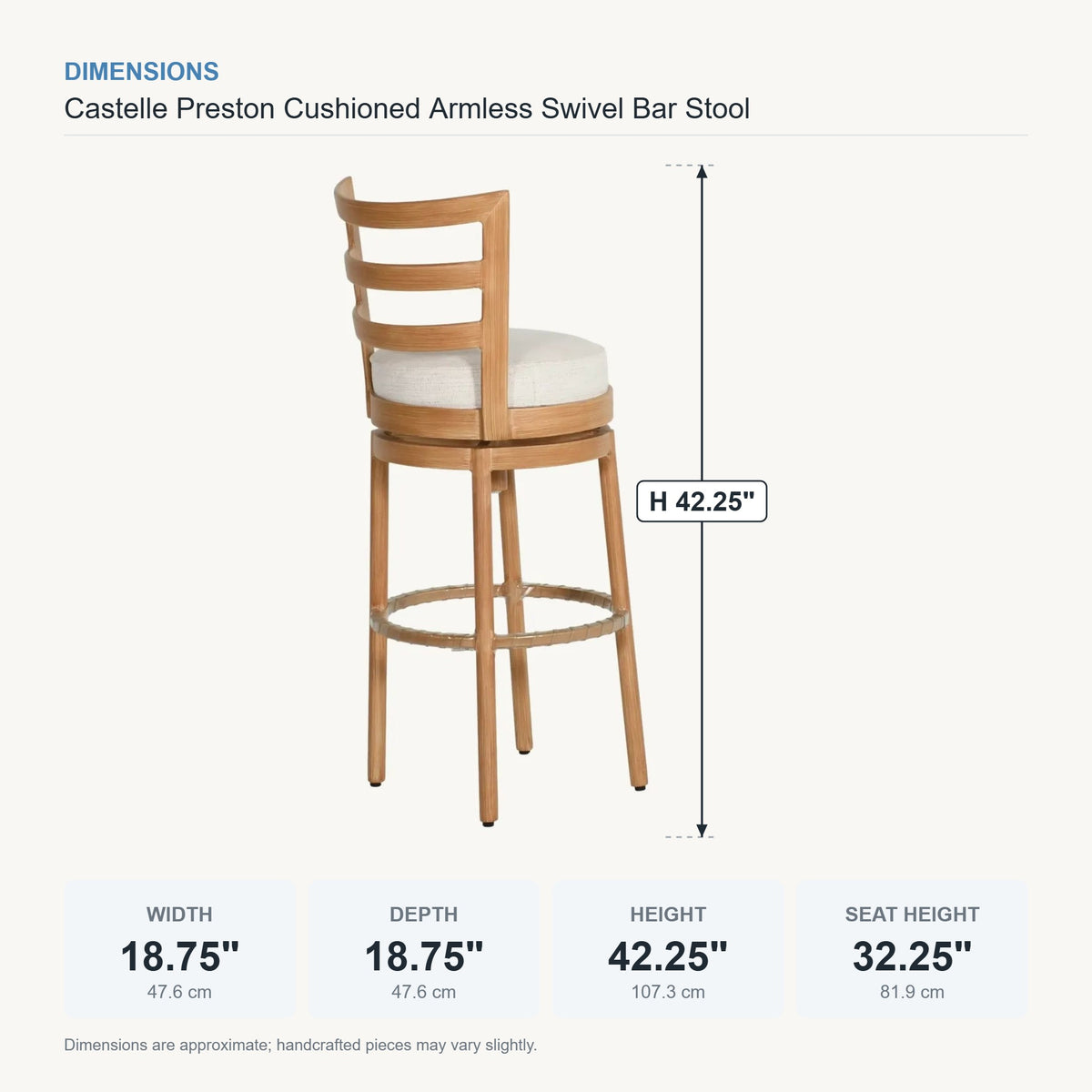 Castelle Preston Cushioned Armless Swivel Bar Stool dimensions