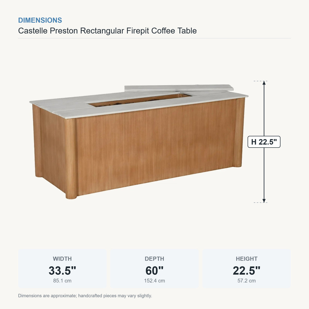 Castelle Preston Rectangular Firepit Coffee Table dimensions