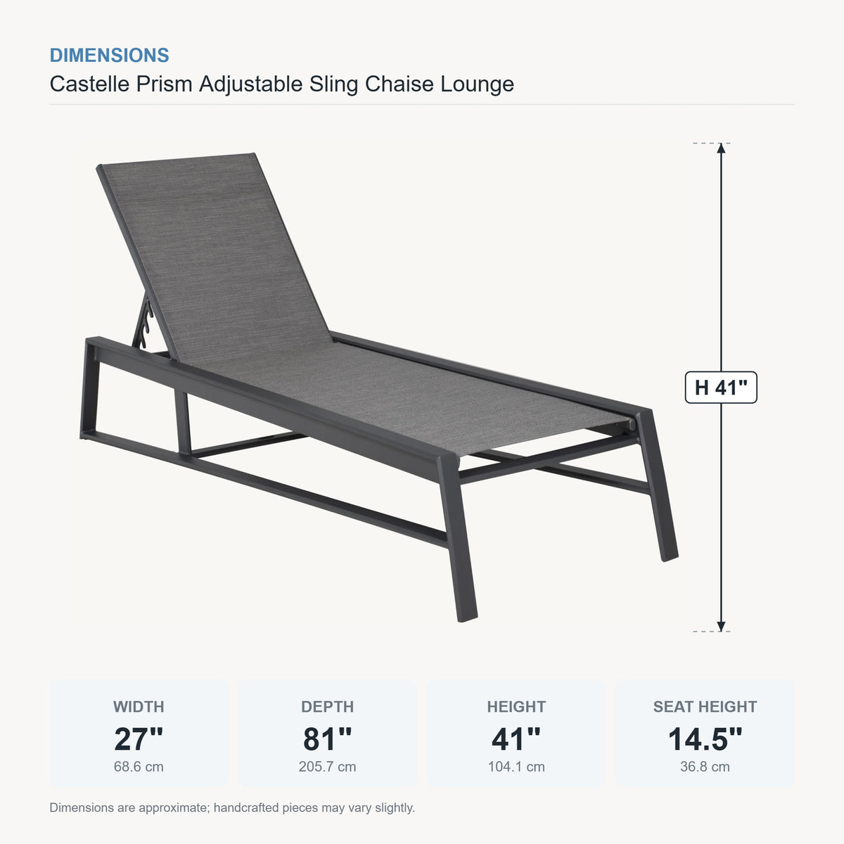 Castelle Prism Adjustable Sling Chaise Lounge dimensions
