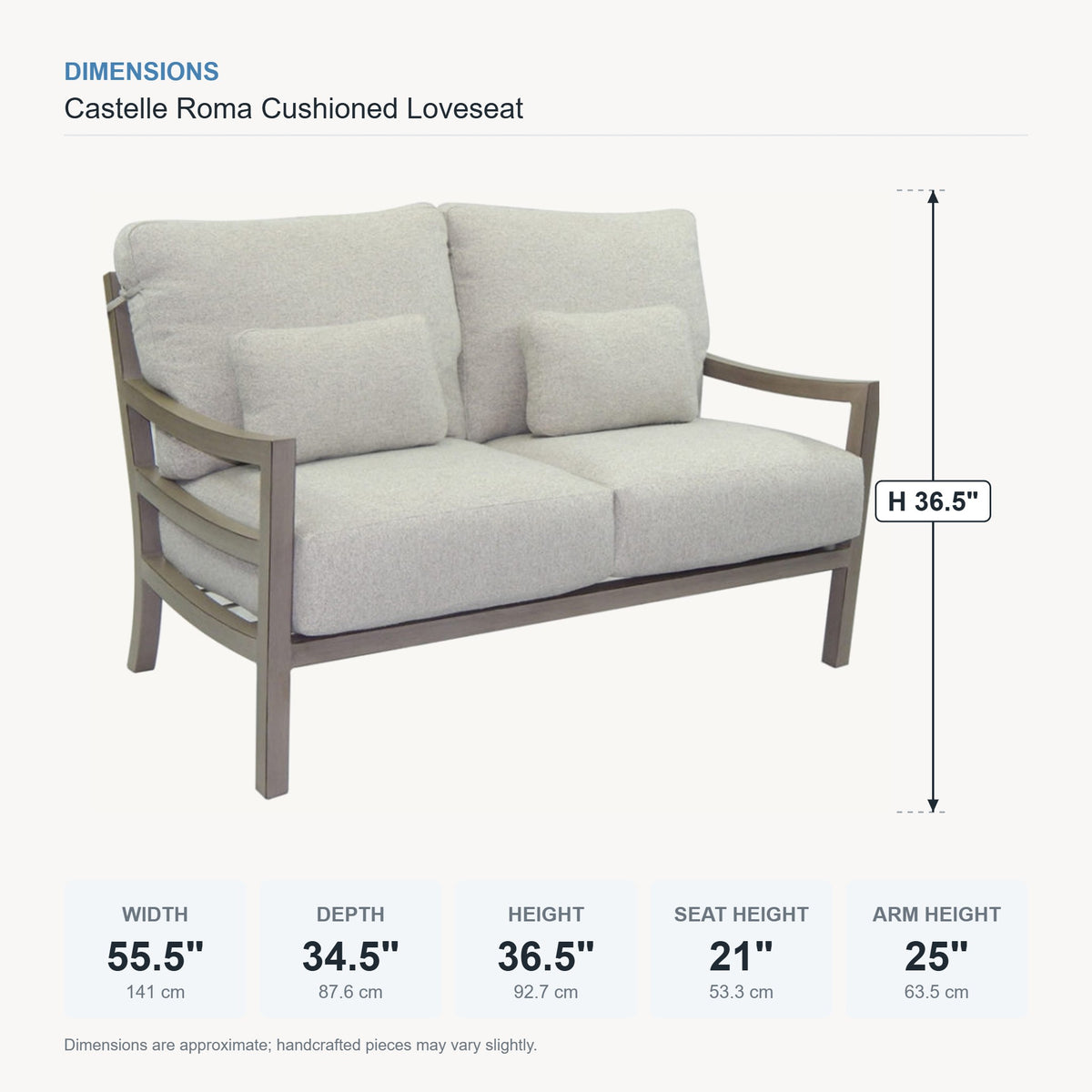 Castelle Roma Cushioned Loveseat dimensions