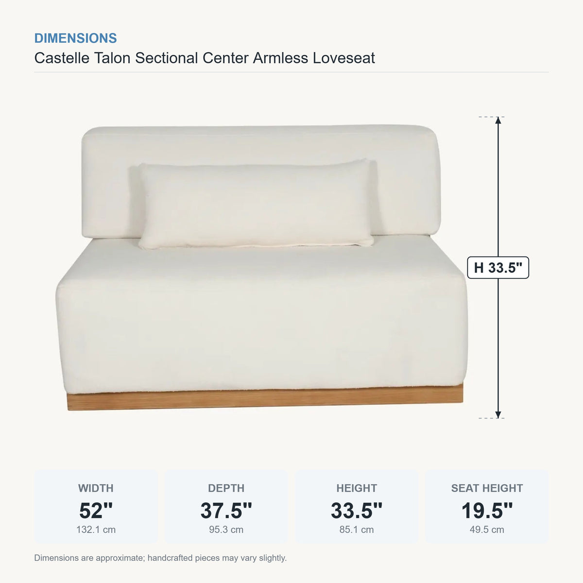 Castelle Talon Sectional Center Armless Loveseat dimensions