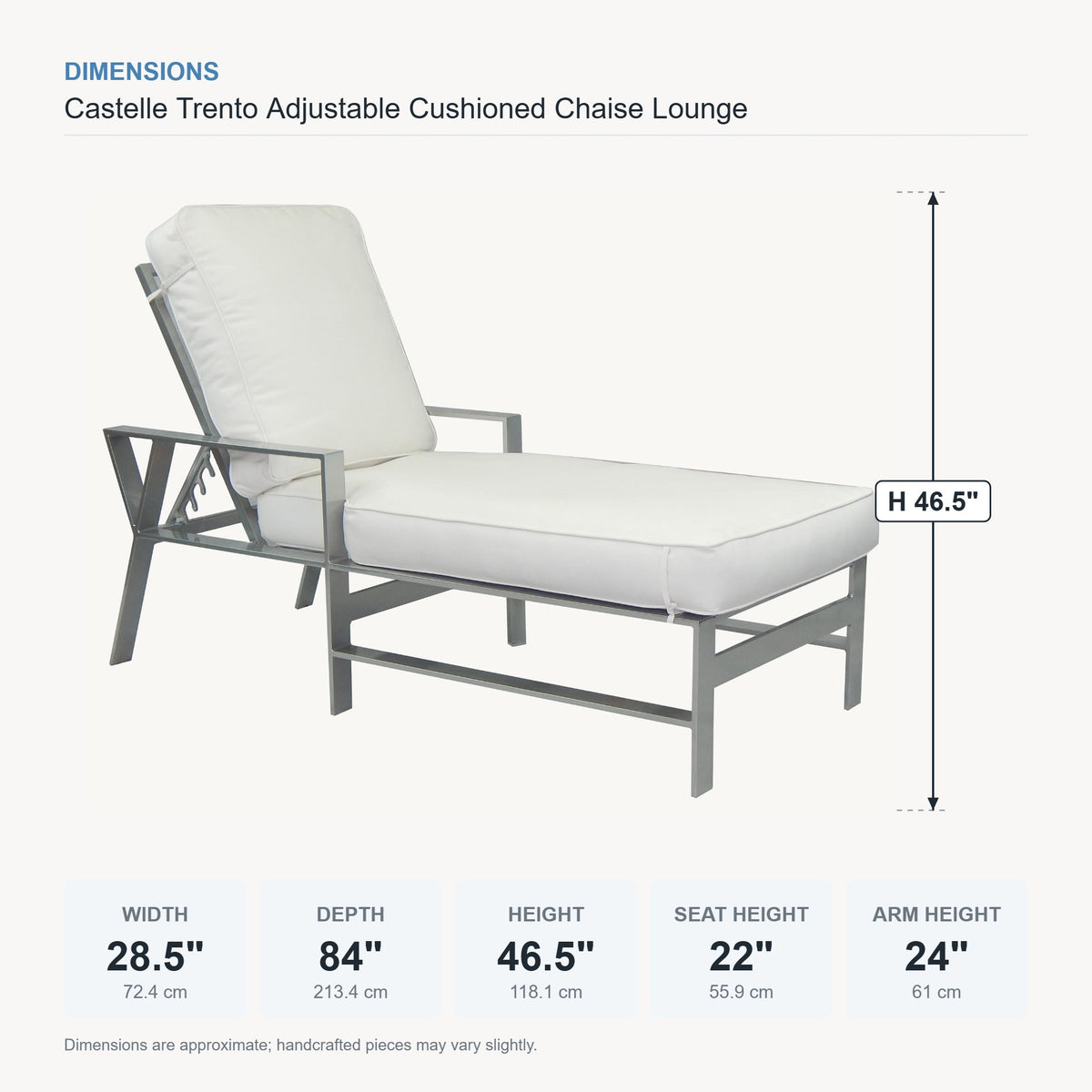 Castelle Trento Adjustable Cushioned Chaise Lounge dimensions