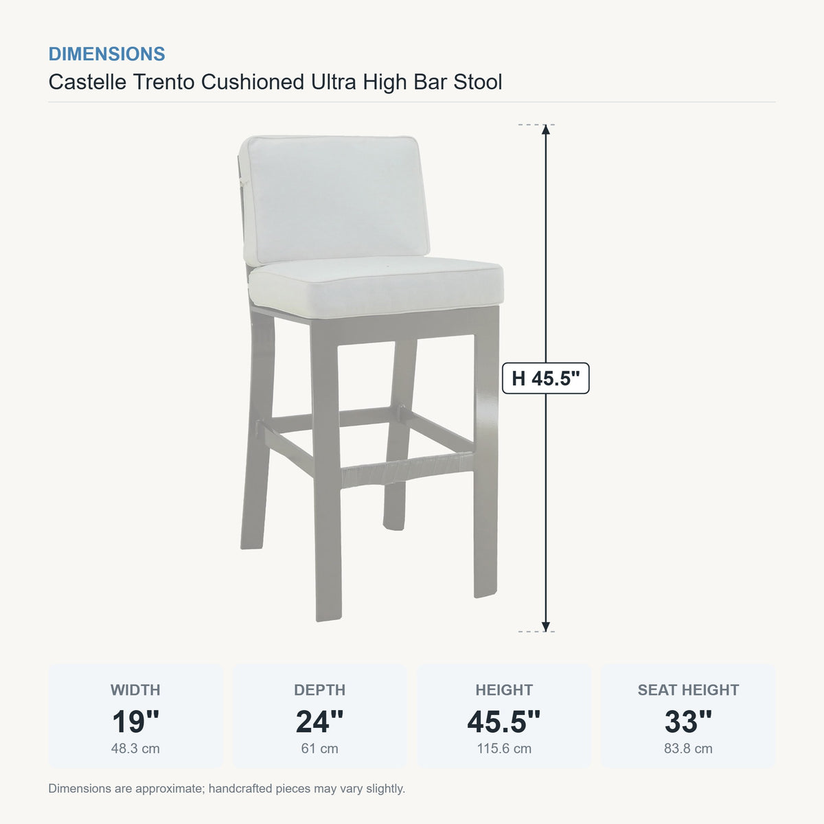Castelle Trento Cushioned Ultra High Bar Stool dimensions