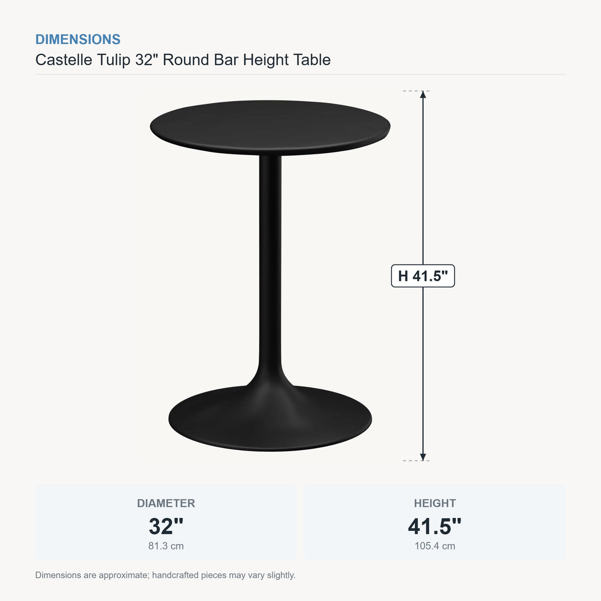 Castelle Tulip 32" Round Bar Height Table dimensions