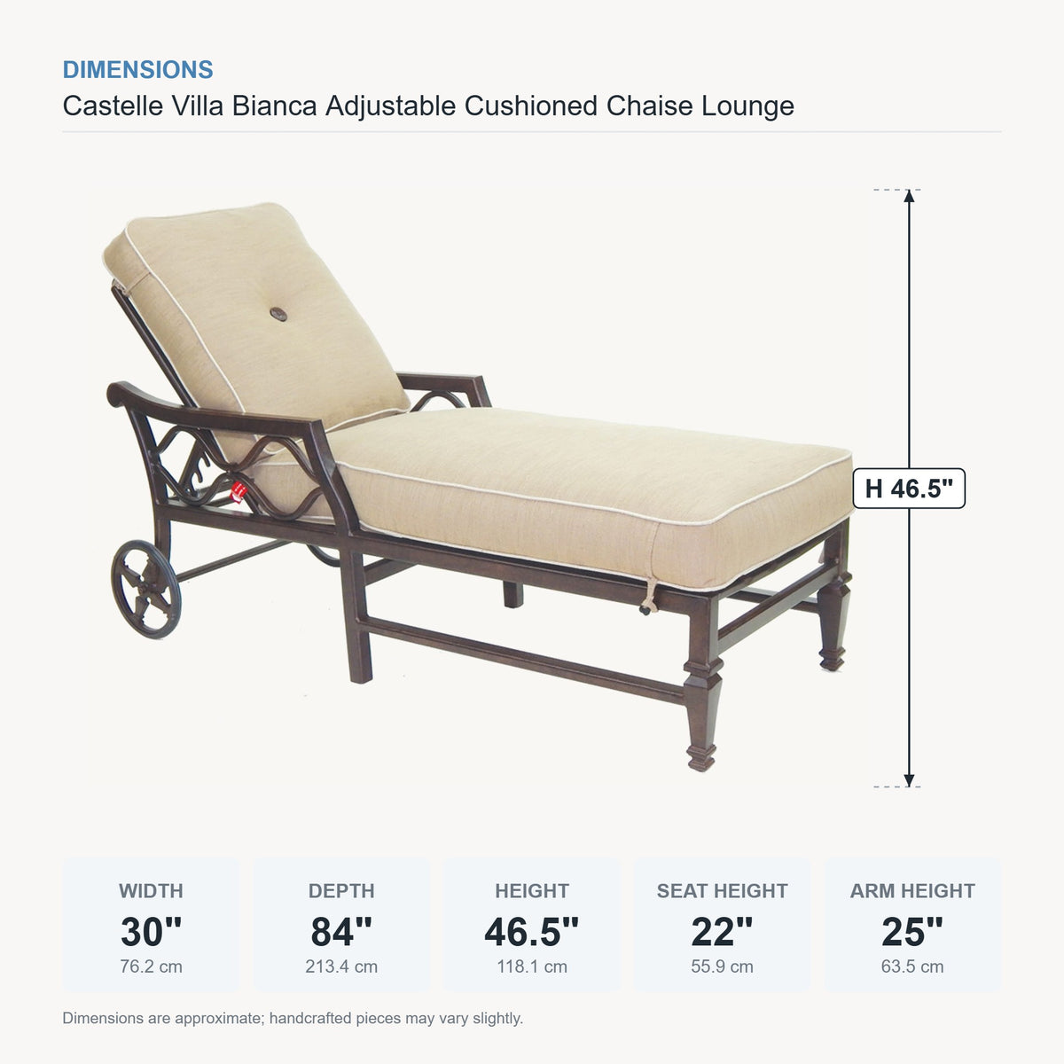 Castelle Villa Bianca Adjustable Cushioned Chaise Lounge dimensions
