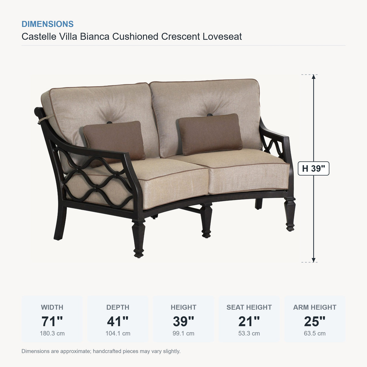 Castelle Villa Bianca Cushioned Crescent Loveseat dimensions