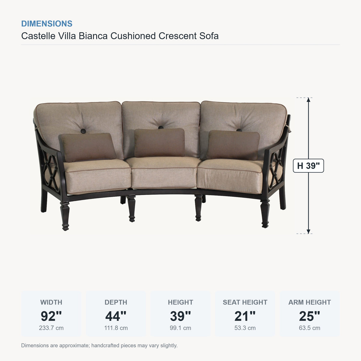 Castelle Villa Bianca Cushioned Crescent Sofa dimensions