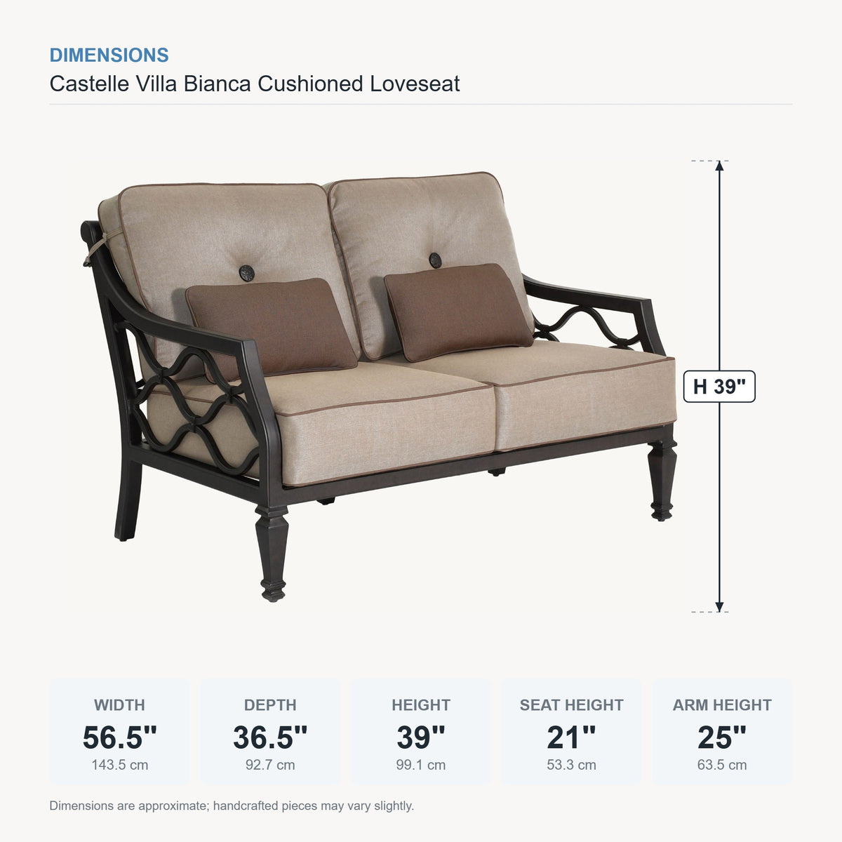 Castelle Villa Bianca Cushioned Loveseat dimensions