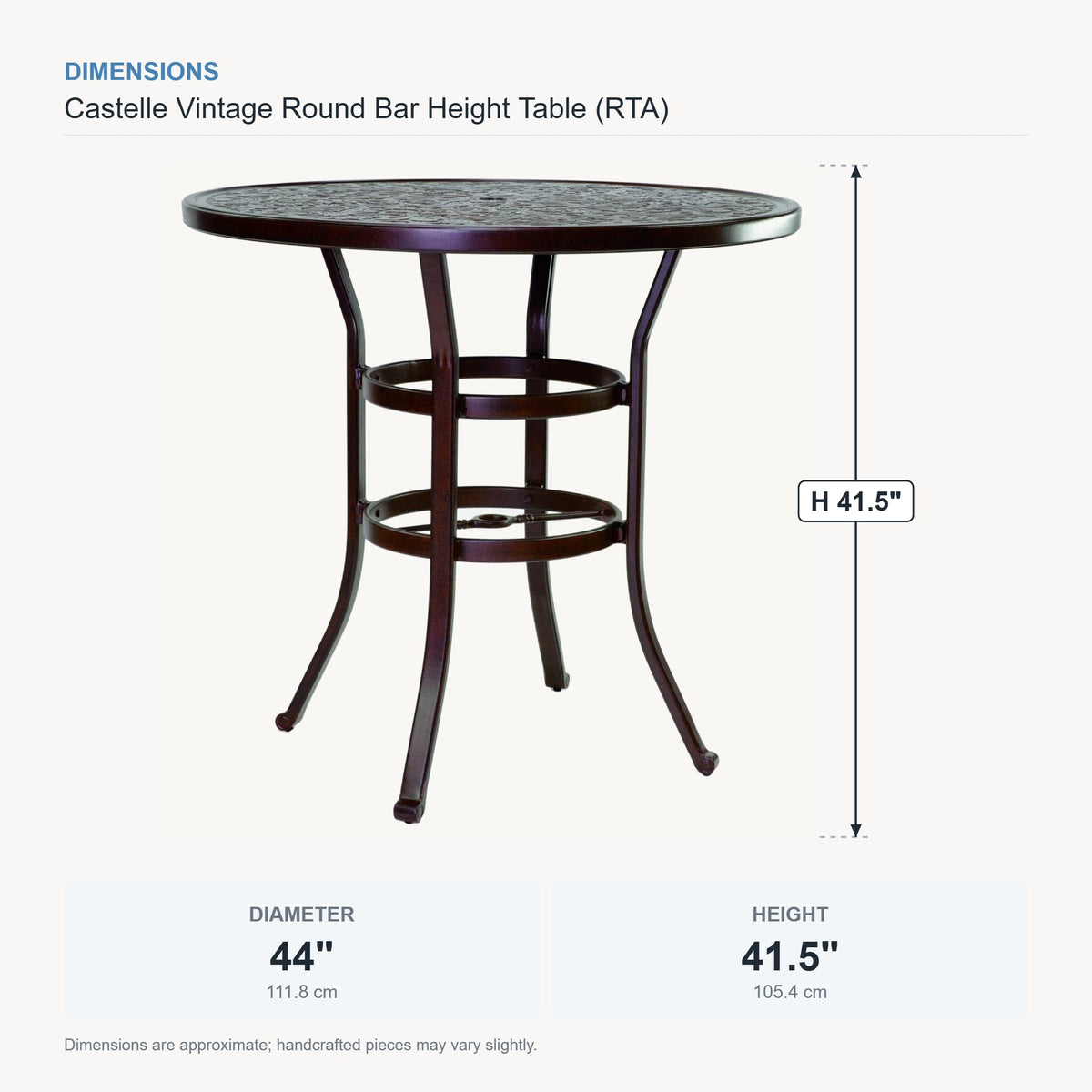 Castelle Vintage Round Bar Height Table (RTA) dimensions