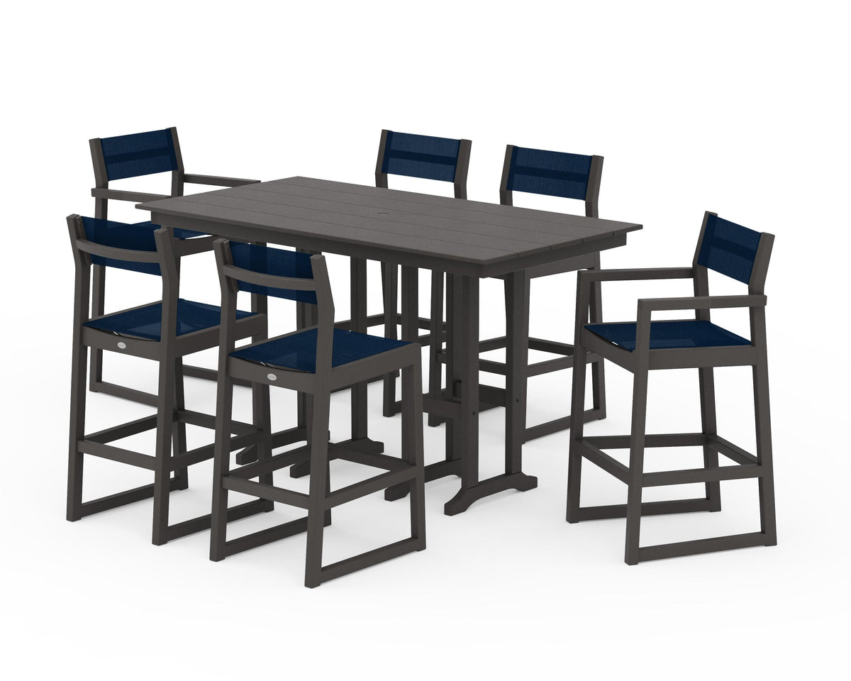 POLYWOOD EDGE Sling 7-Piece Farmhouse Bar Set in Vintage Coffee / Navy Blue