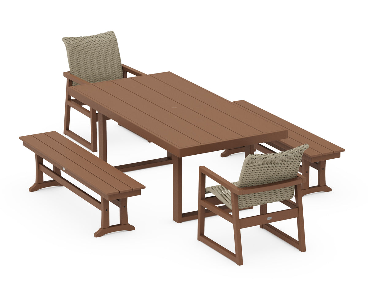 POLYWOOD EDGE Woven 5-Piece Dining Set with Benches in Teak / Dune Grass