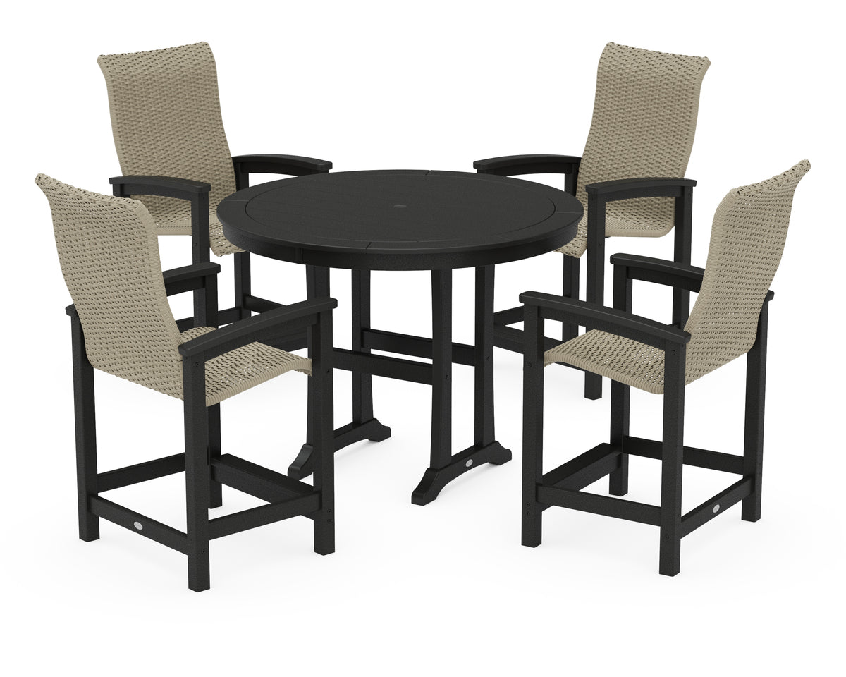 POLYWOOD Coastal Woven High-Back 5-Piece Round Counter Set in Black / Dune Grass