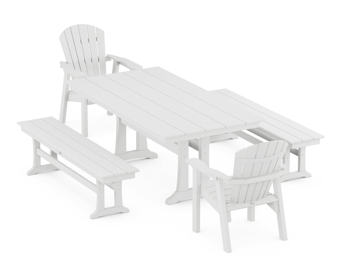 POLYWOOD Seashell 5-Piece Farmhouse Dining Set with Trestle Legs - 37" x 72" Table in White