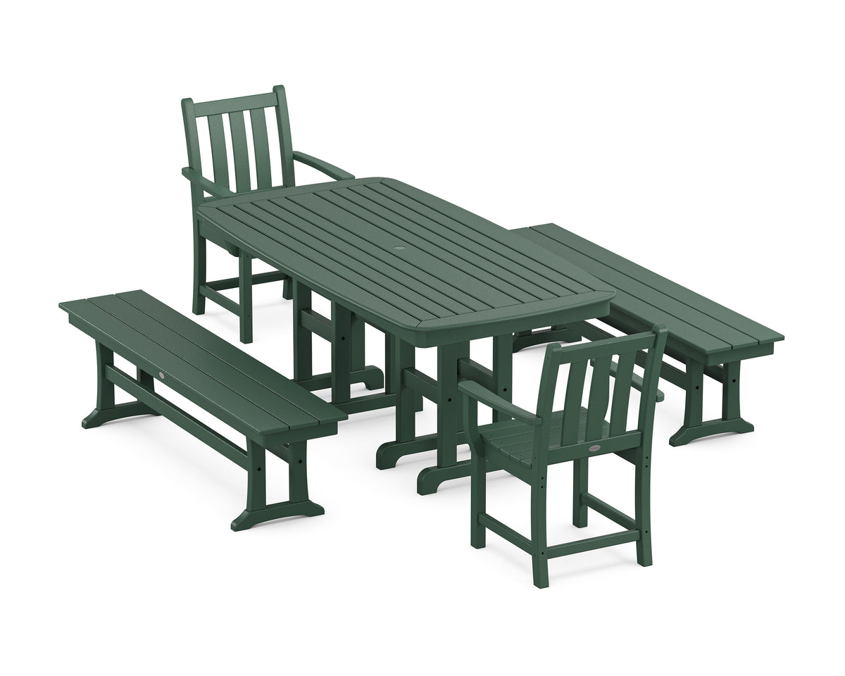 POLYWOOD Traditional Garden 5-Piece Dining Set with Benches - 37" x 72" Table in Green