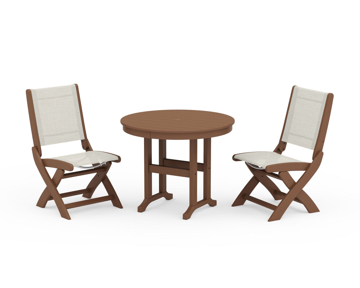 POLYWOOD Coastal Folding Side Chair 3-Piece Round Dining Set in Teak / Parchment
