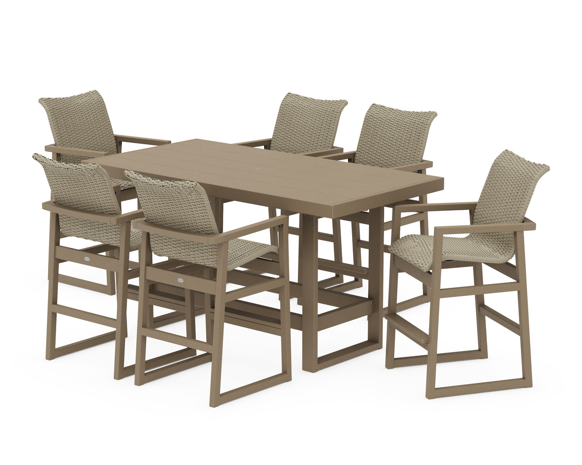 POLYWOOD EDGE Woven Arm Chair 7-Piece Bar Set in Vintage Sahara / Dune Grass