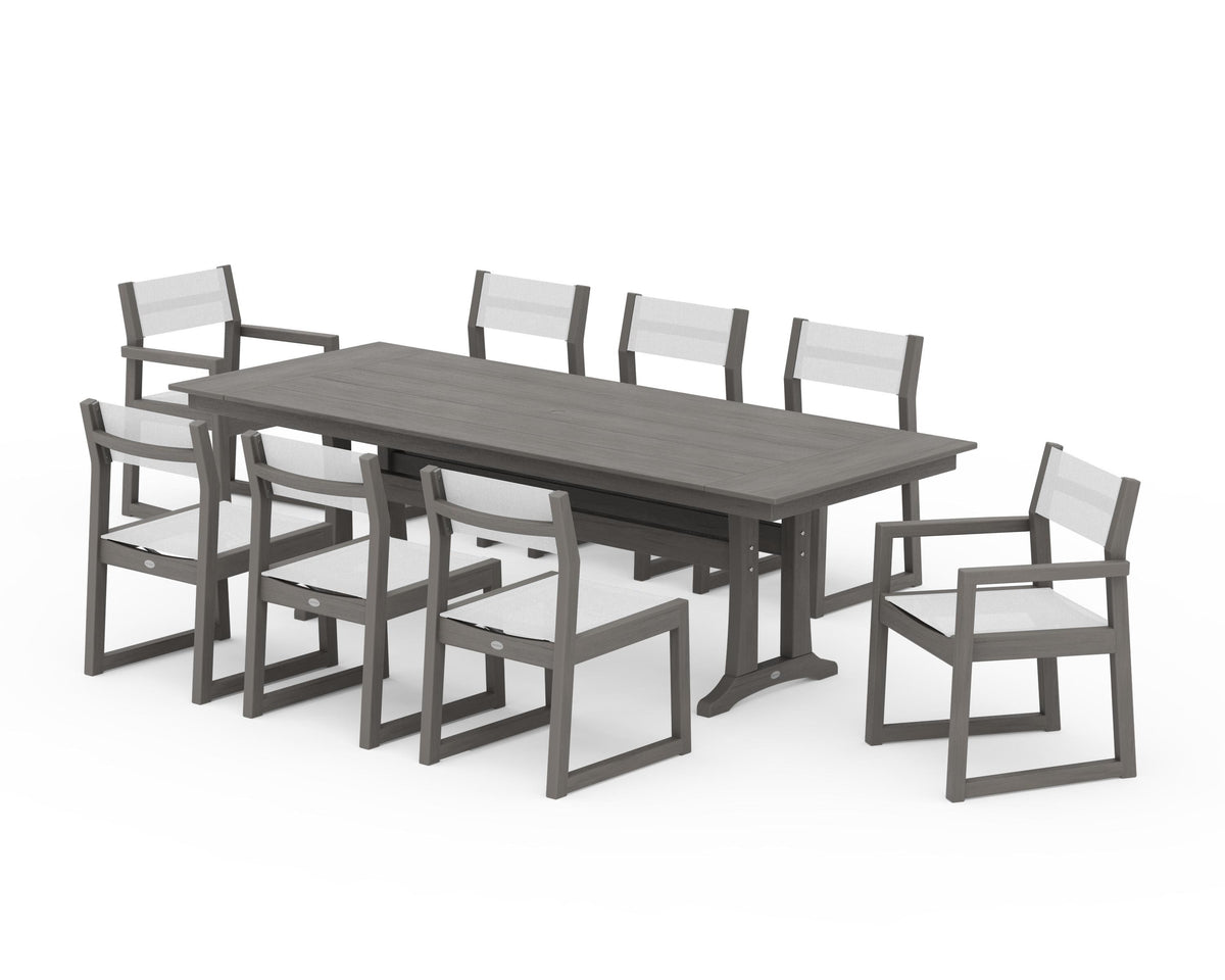 POLYWOOD EDGE Sling 9-Piece Farmhouse Trestle Dining Set in Driftwood / White