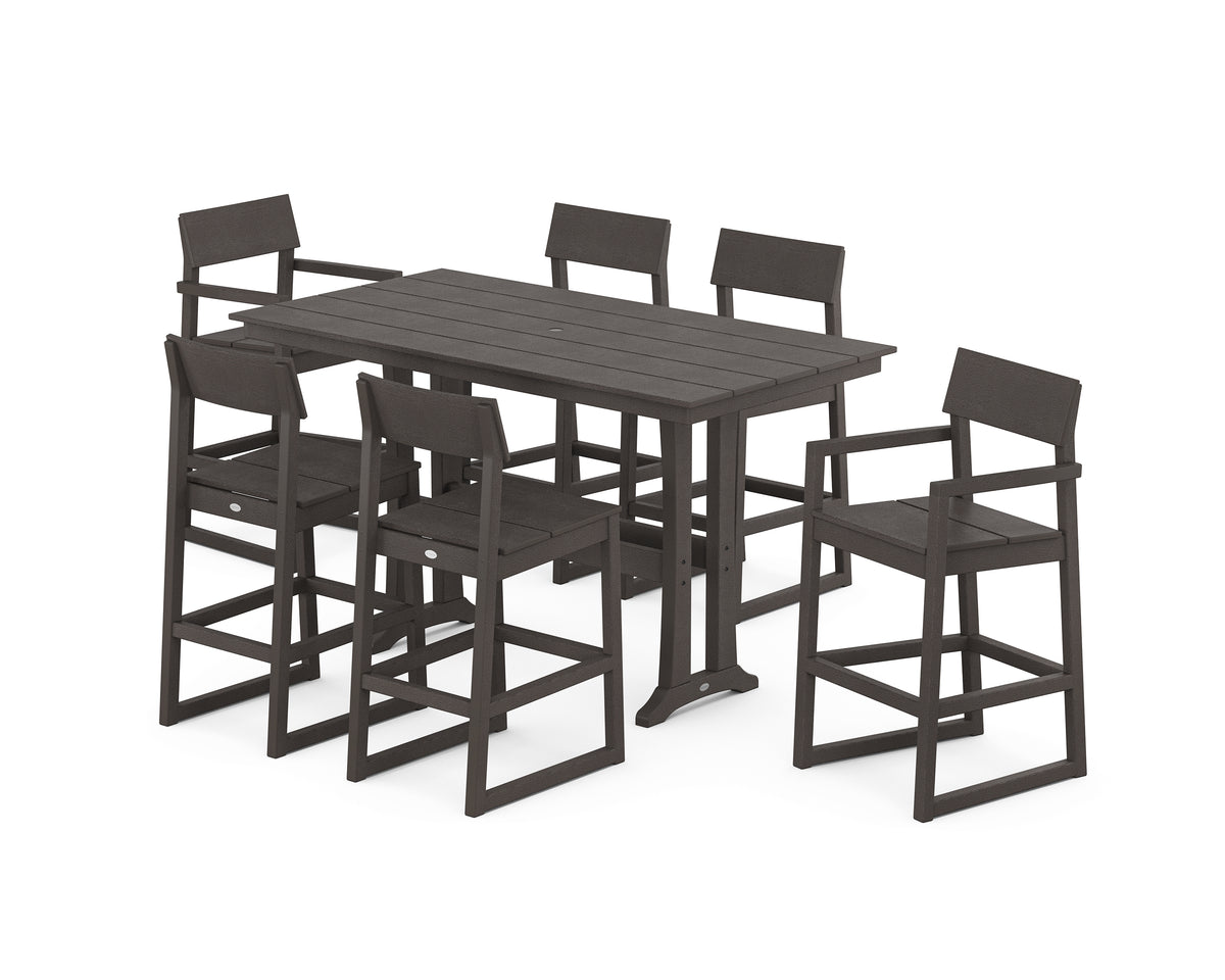 POLYWOOD EDGE 7-Piece Farmhouse Bar Set with Trestle Legs in Vintage Coffee