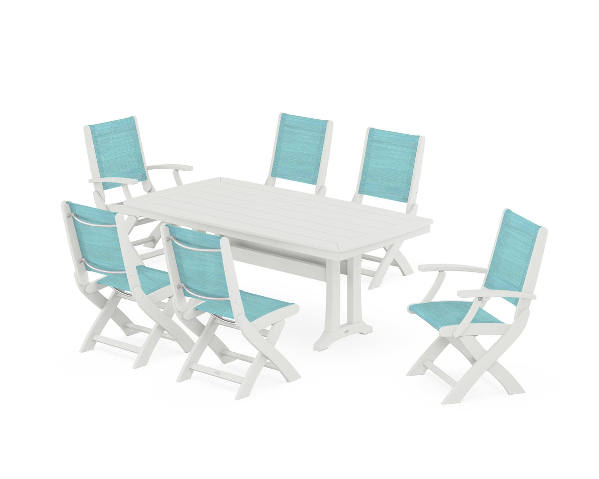 POLYWOOD Coastal Folding Chair 7-Piece Dining Set with Trestle Legs with Nautical Trestle 38" x 73" Dining Table in Vintage White / Dupioni Aquamarine