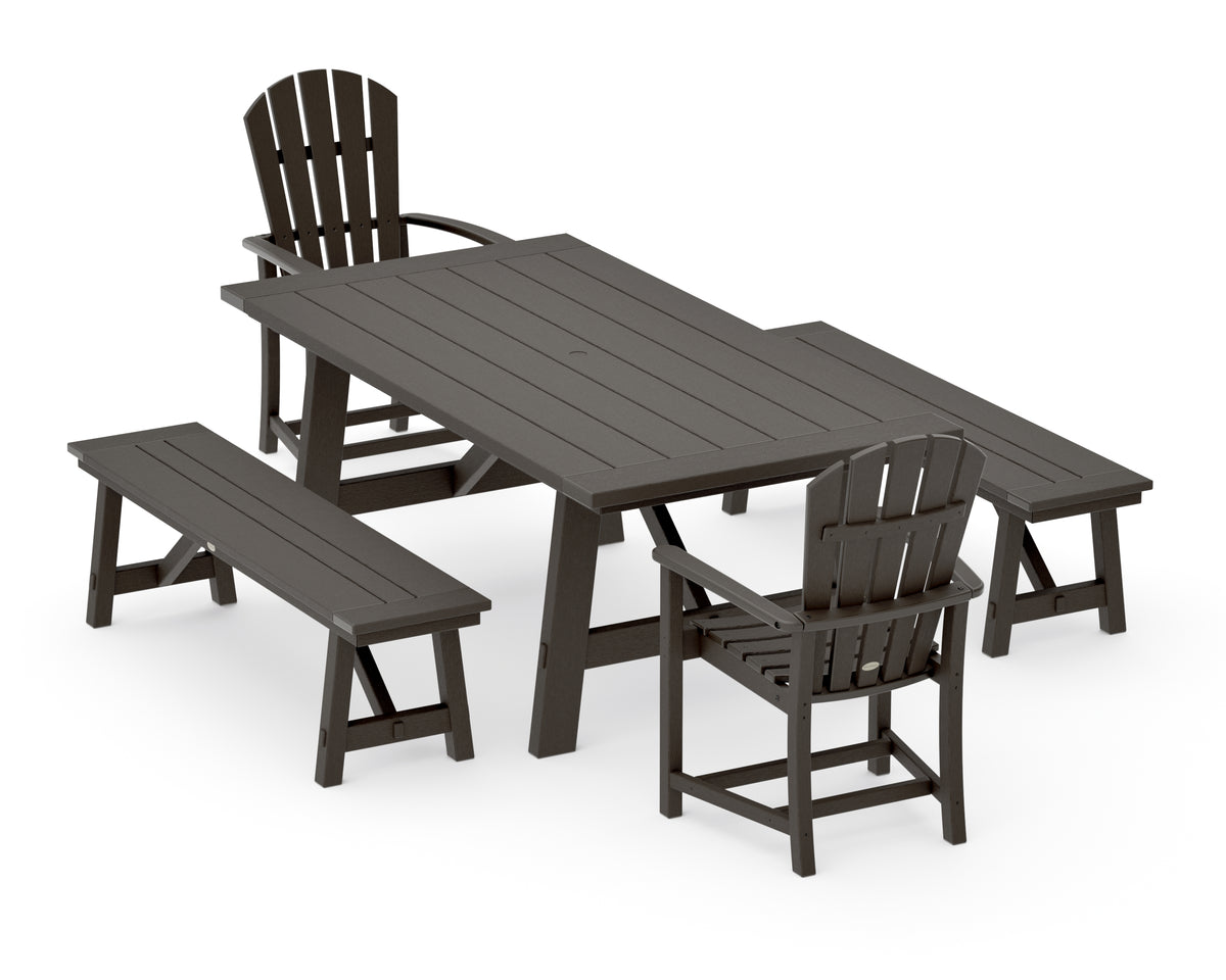 POLYWOOD Palm Coast 5-Piece Rustic Farmhouse Dining Set with Benches in Vintage Coffee