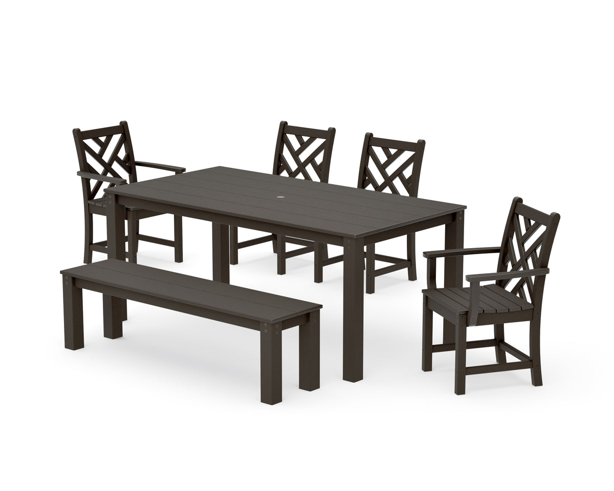 POLYWOOD Chippendale 6-Piece Parsons Dining Set with Bench with Chippendale Dining Side Chair in Vintage Coffee